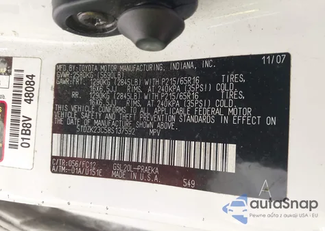 2008 Toyota Sienna Le z USA, uszkodzony, nr VIN 5TDZK23C58S137592